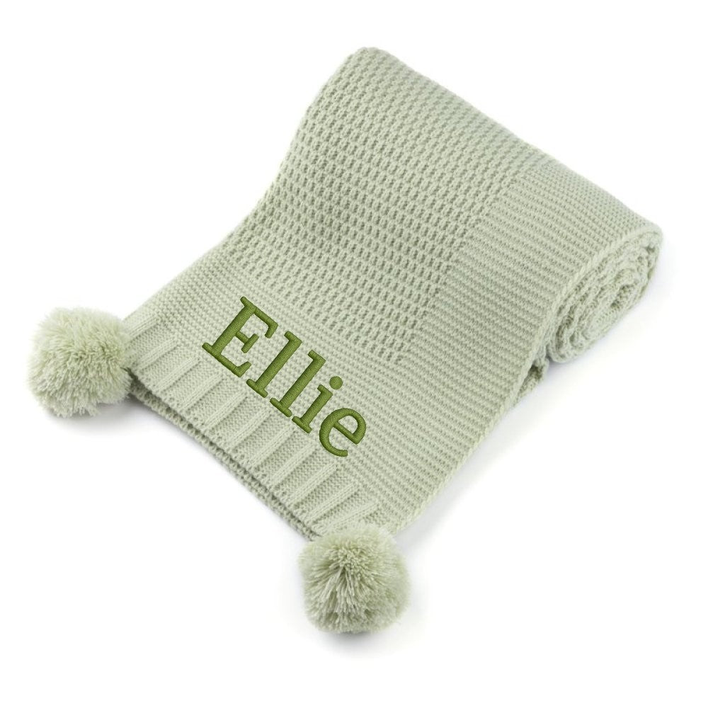 Personalised Baby Wrap with Pom Pom – Embroidered Name – Super Soft Gift