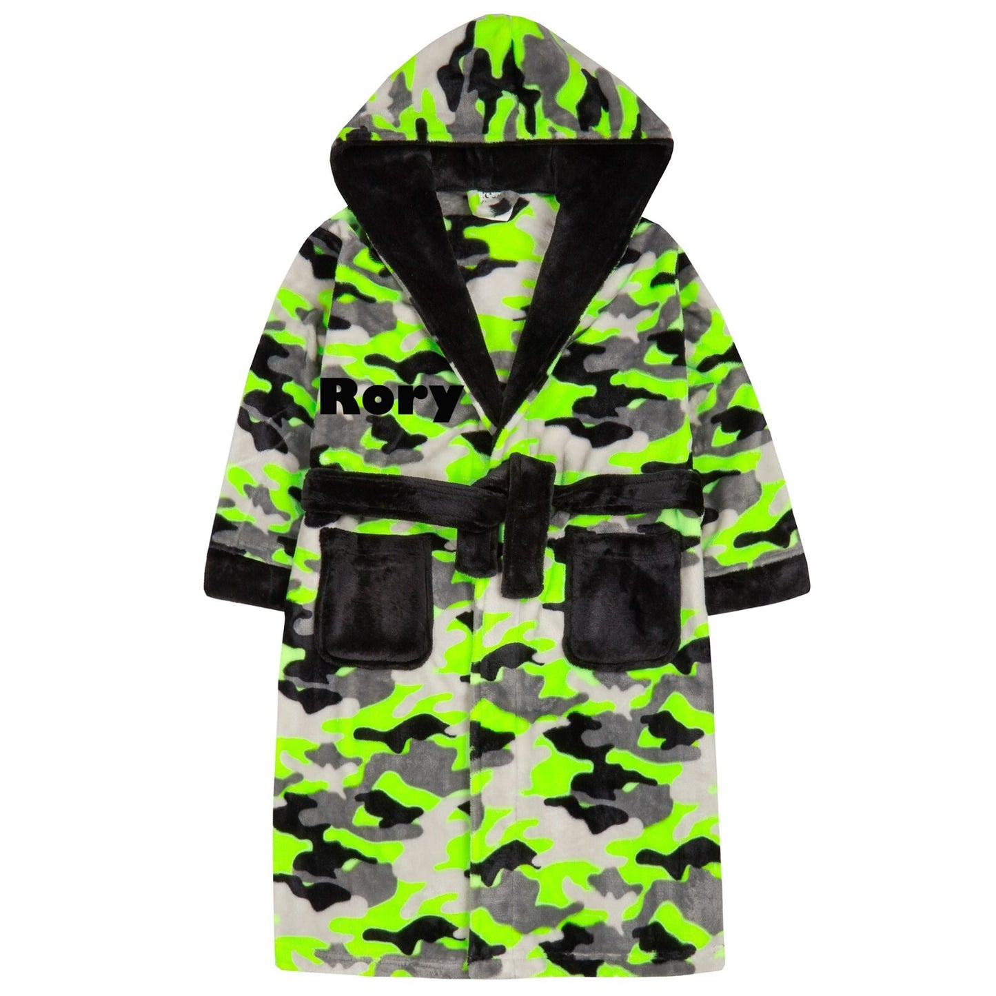Boys Personalised Dressing Gown with Hood Plush Fleece Neon Camouflage 7-13