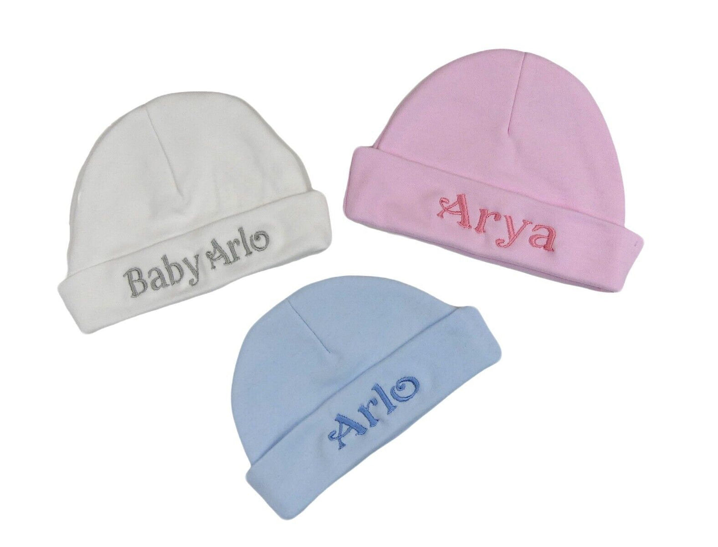 Personalised Baby Cradle Caps Embroidered Pink Blue White 100% Cotton One Size