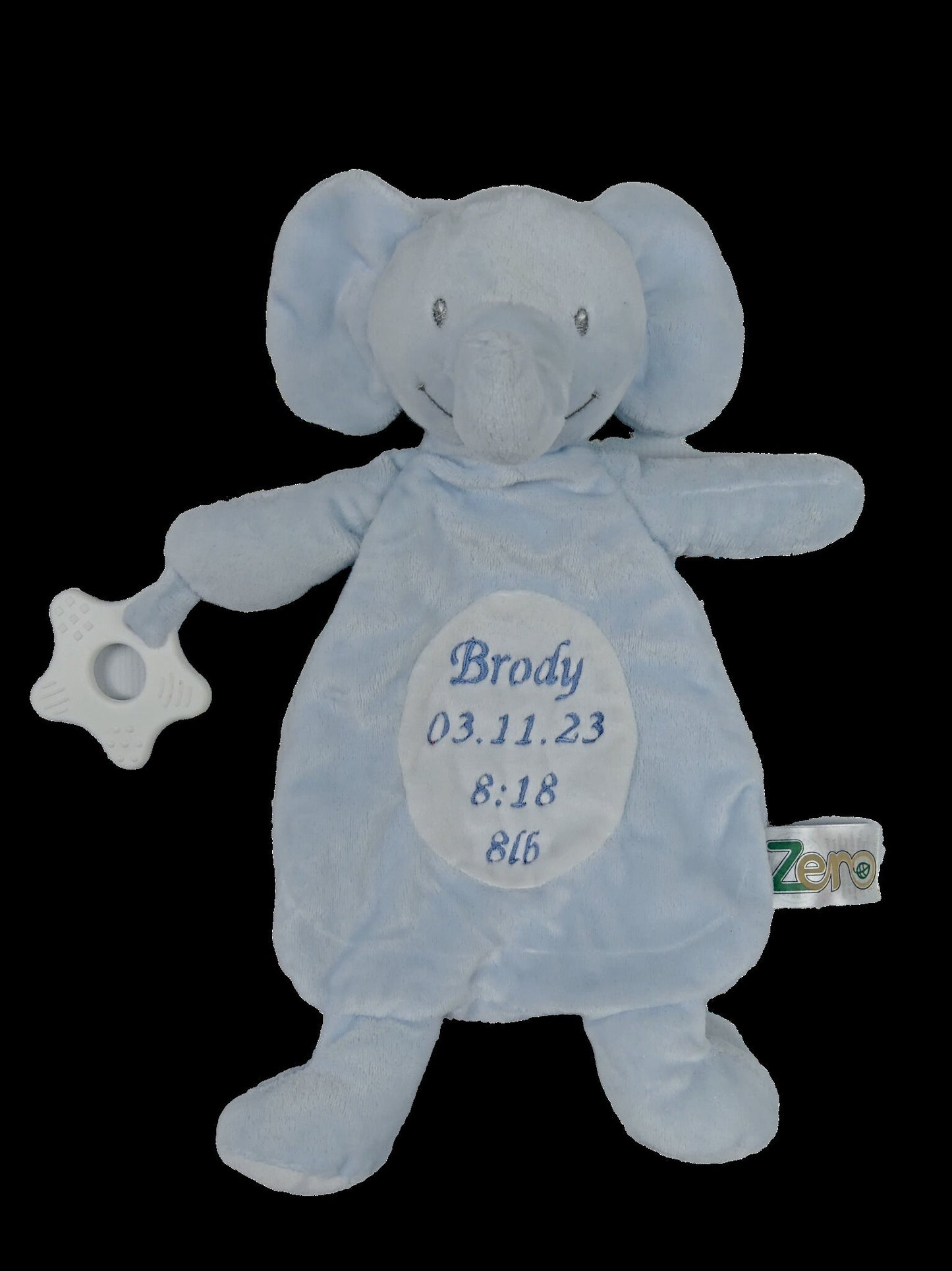 Personalised Baby Elephant Comforter Attached Teething Ring Embroidered with Significant Birth Info Made from 100% Recycled Materials
