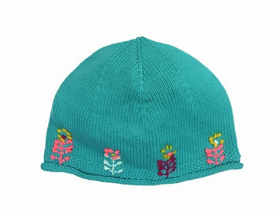 Baby Girls Beanie Hat Lined Fine Knit Embroidered Flower Detail