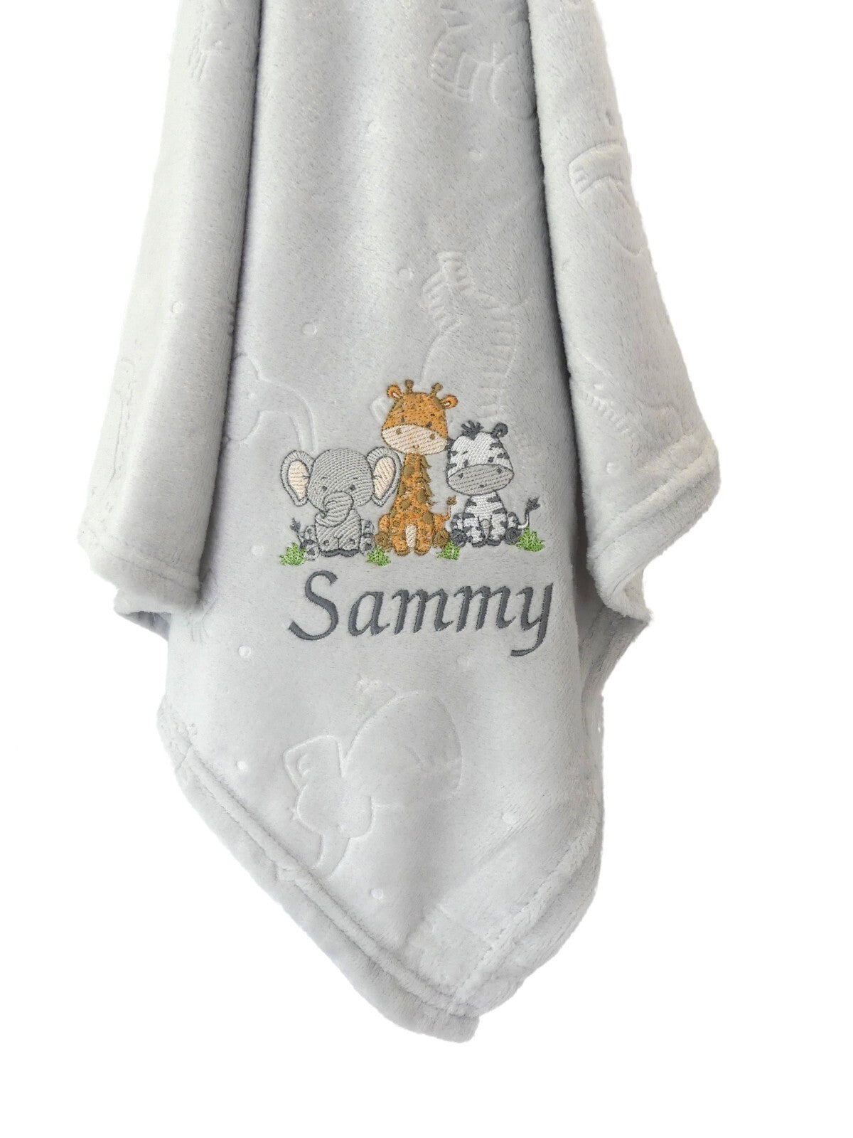 Baby Blanket with Embroidered Safari Motif 90cm x 75cm Personalised with Baby