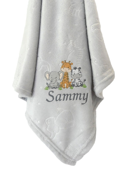 Baby Blanket with Embroidered Safari Motif 90cm x 75cm Personalised with Baby
