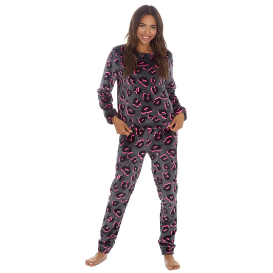 Ladies Fleece Animal Print PJs – Black & Pink Cuffed Winter Set – Cosy Christmas