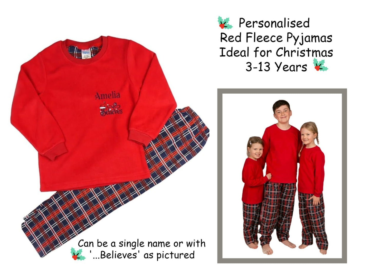 Personalised Kids Fleecy Red Pyjamas Cosy For Christmas 5 years to 13 Years
