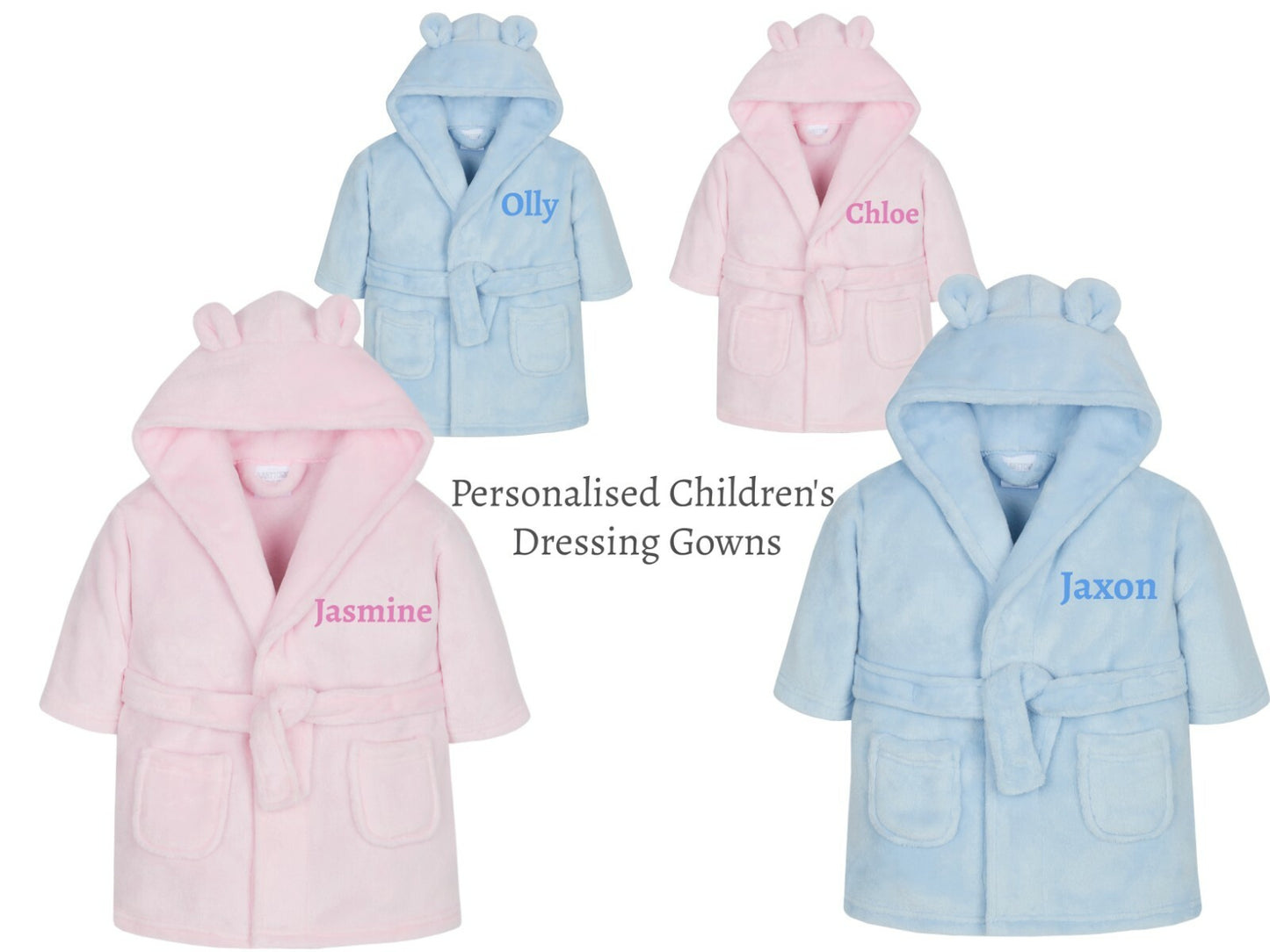 Boys Girls Babies Dressing Gowns 0-6 Months up to 6 Years Blue Pink PERSONALISED