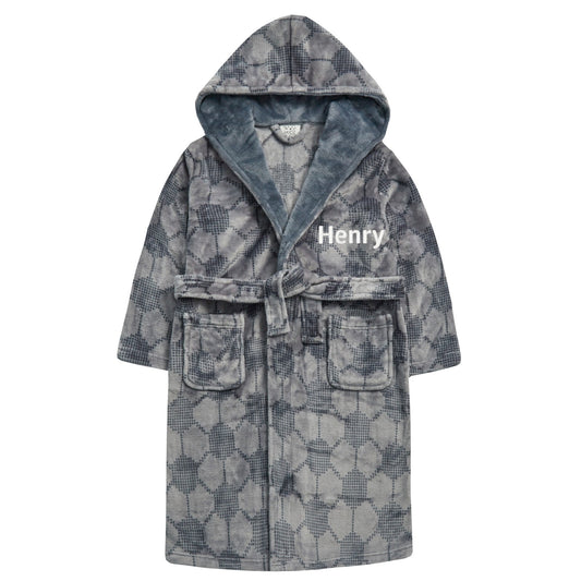 Personalised Boys Football Hooded Robe | Grey Fleece Dressing Gown Bathrobe 7-10