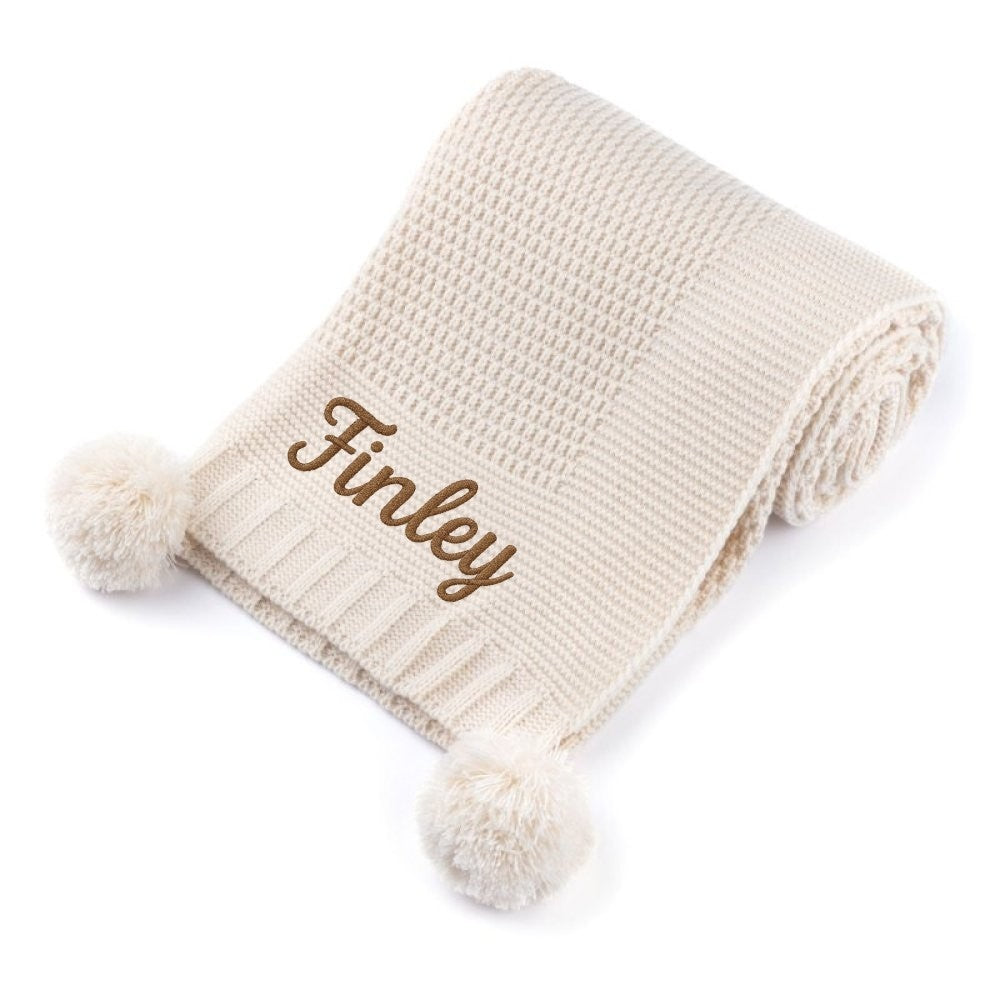 Personalised Baby Wrap with Pom Pom – Embroidered Name – Super Soft Gift