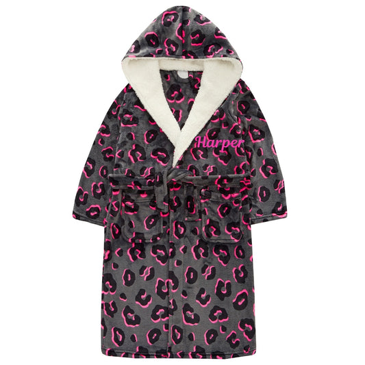 Girls Personalised Neon Animal Print Dressing Gown 7-13 Years  Soft Fleece