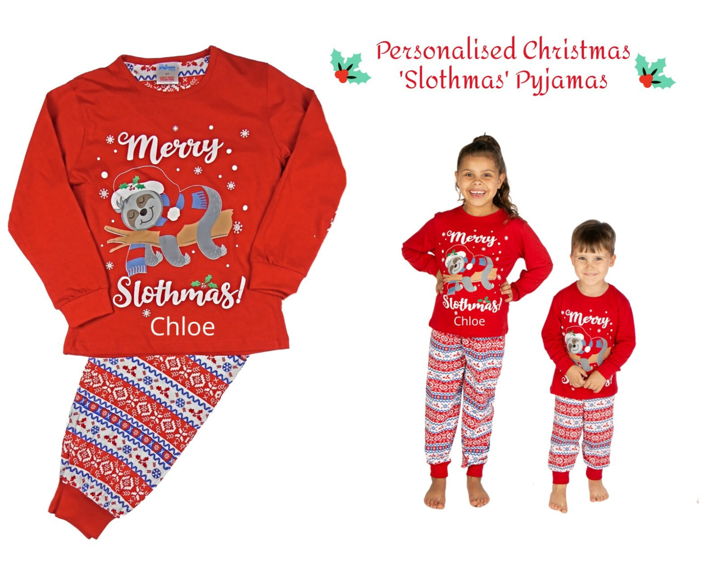 Boys Girls Personalised Christmas Sloth  Pyjama Set 4-5 years up to 13 Years