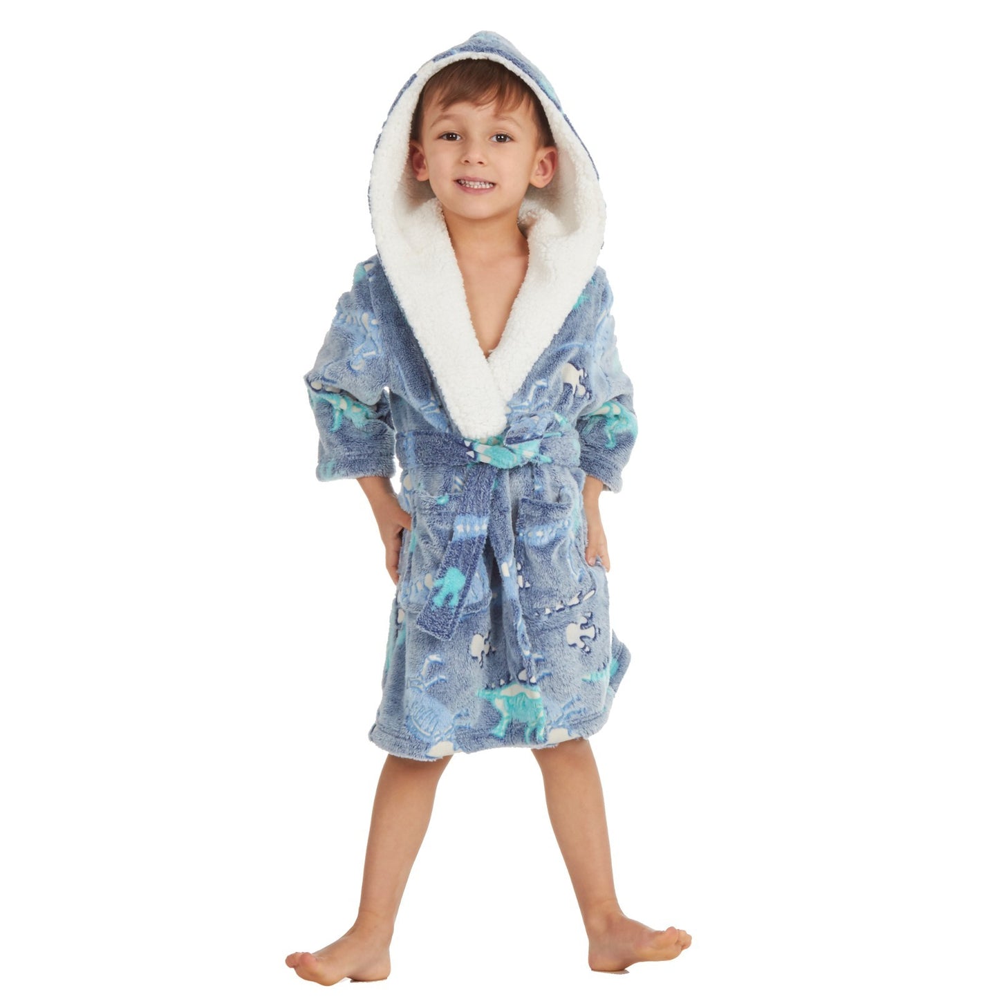 Kids Dinosaur Bathrobe | Hooded Glow in the Dark Fleece Dressing Gown Ages 2–6