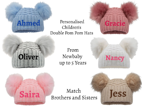 Boys Girls Baby Double Furry Pom Pom Hats 3 Months to 4 Years Cute Personalised