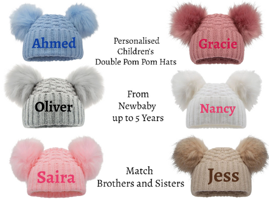 Boys Girls Baby Double Furry Pom Pom Hats 3 Months to 4 Years Cute Personalised