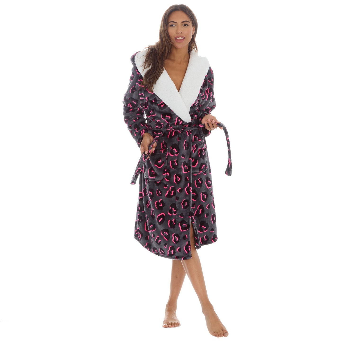 Ladies Fleece Animal Print Dressing Gown Black Pink Tie Belt Robe Winter Gift