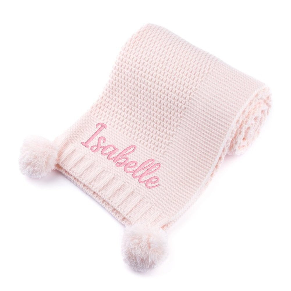 Personalised Baby Wrap with Pom Pom – Embroidered Name – Super Soft Gift