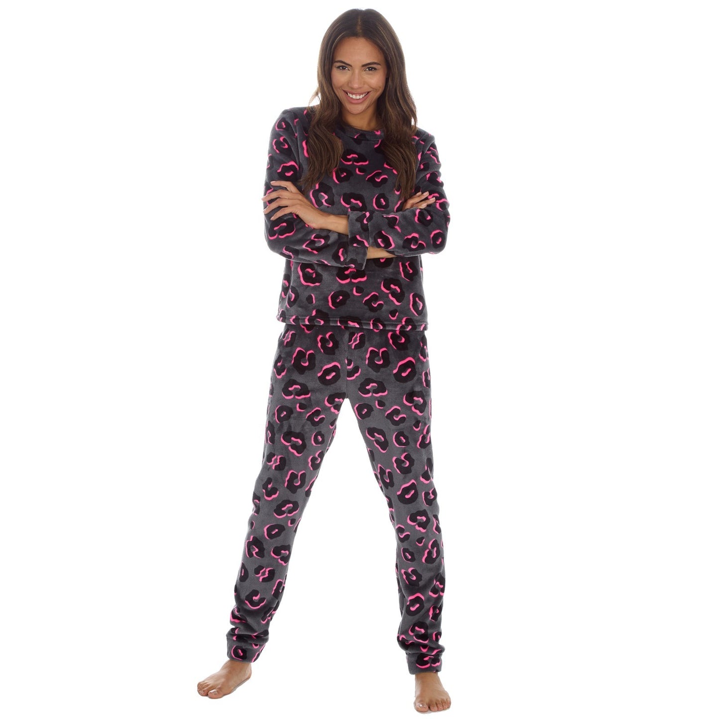 Ladies Fleece Animal Print PJs – Black & Pink Cuffed Winter Set – Cosy Christmas