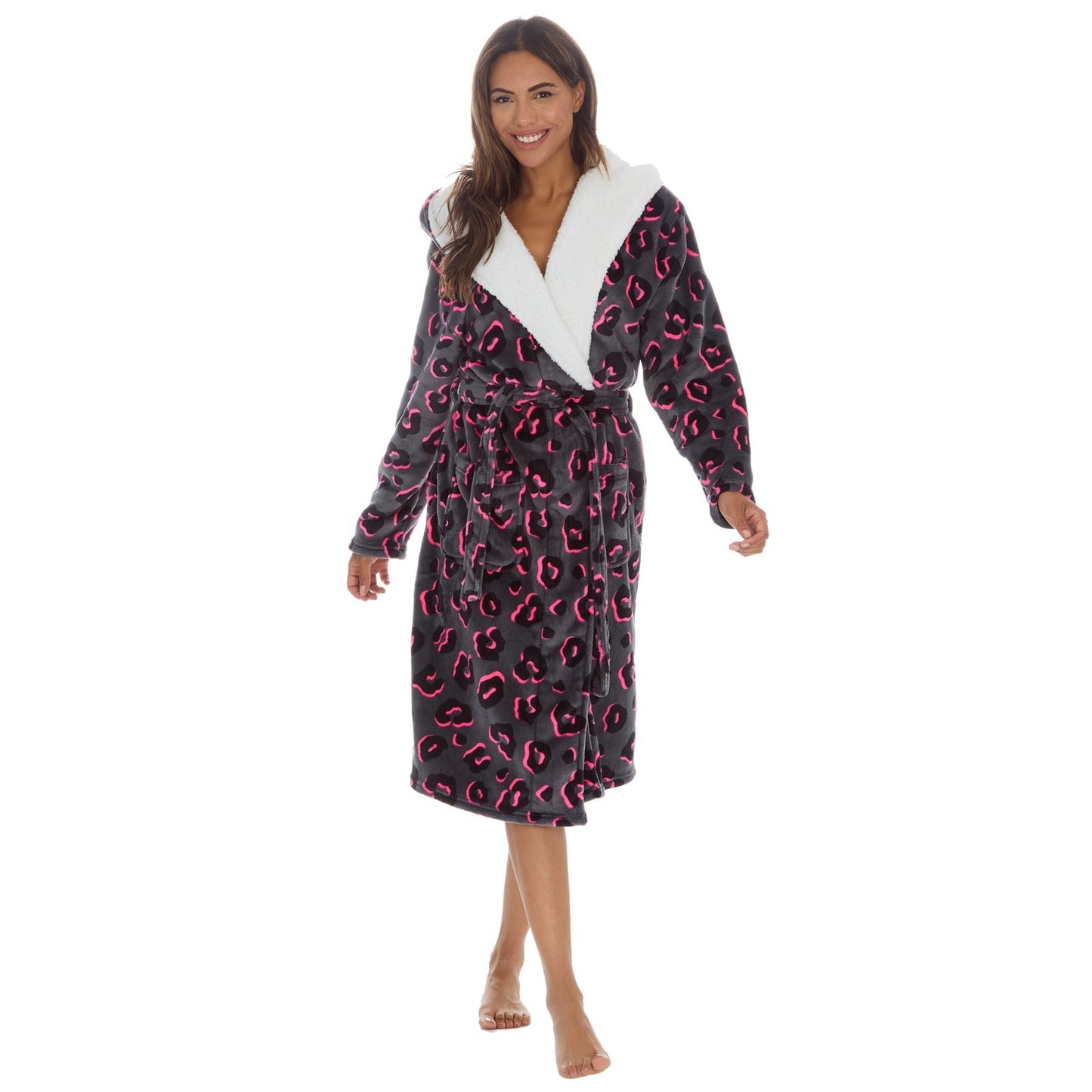 Ladies Fleece Animal Print Dressing Gown Black Pink Tie Belt Robe Winter Gift