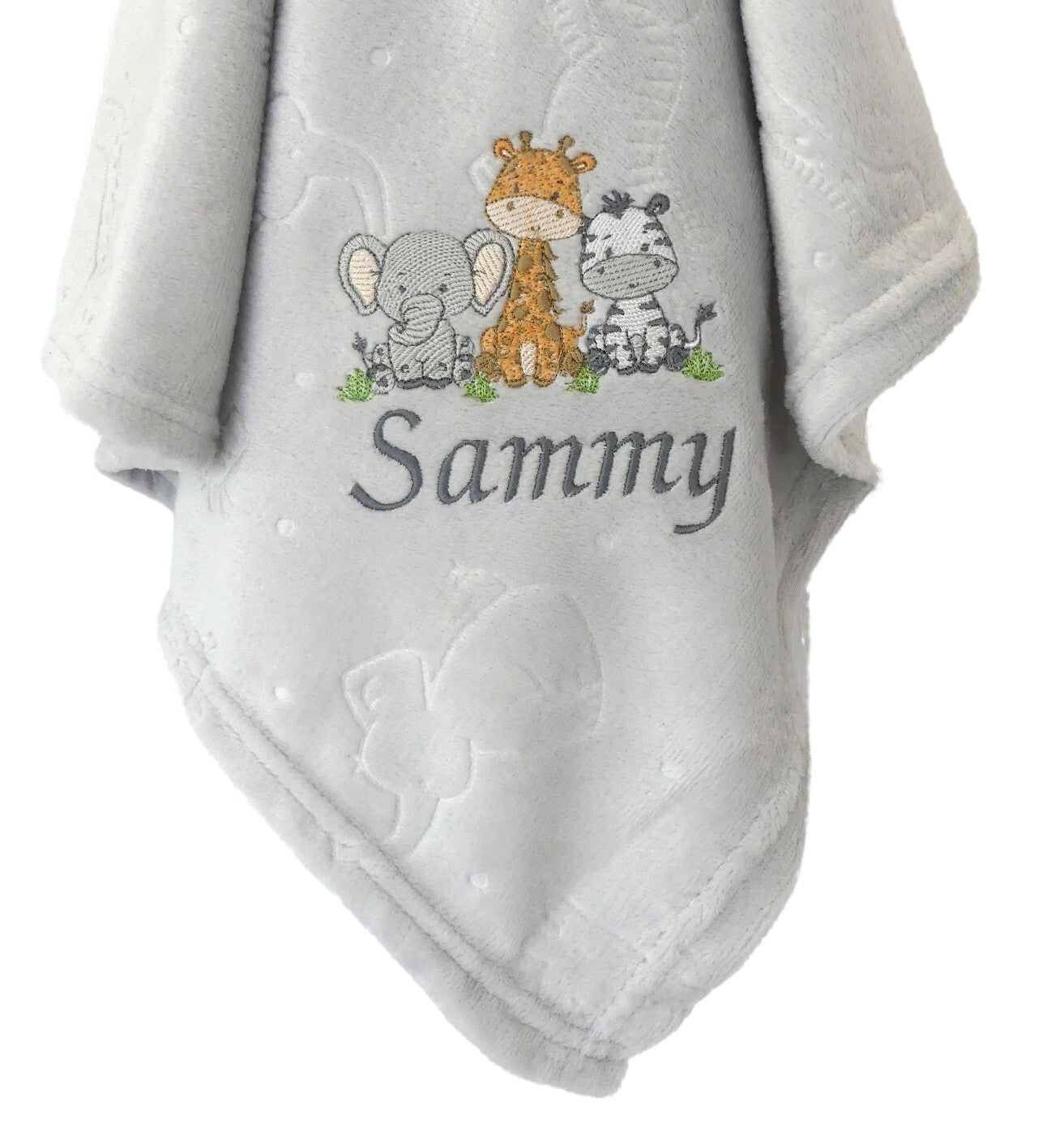 Baby Blanket with Embroidered Safari Motif 90cm x 75cm Personalised with Baby