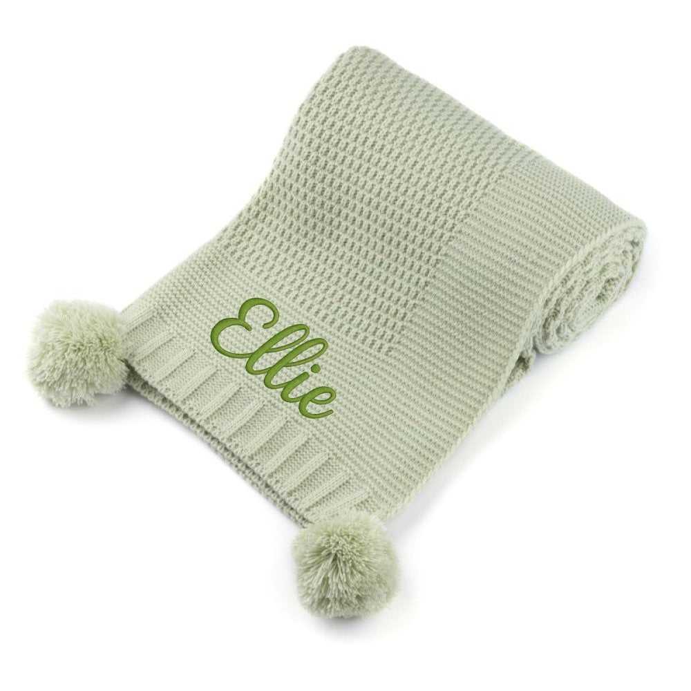 Personalised Baby Wrap with Pom Pom – Embroidered Name – Super Soft Gift