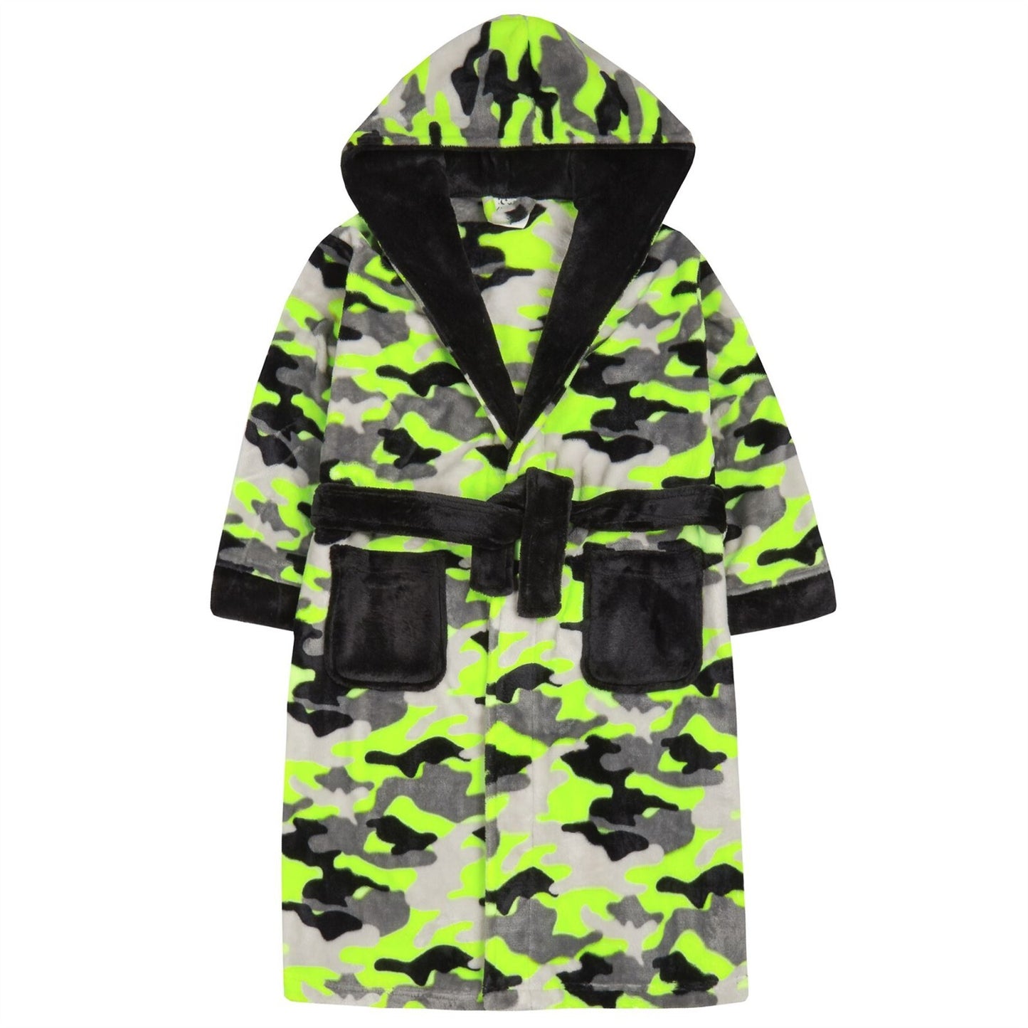 Boys  Personalised Dressing Gown with Hood Plush Fleece Neon Camouflage 7-13