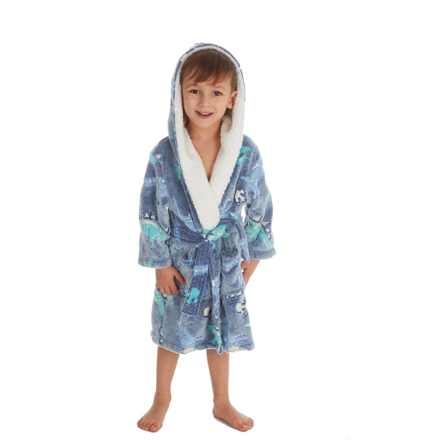 Kids Dinosaur Bathrobe | Hooded Glow in the Dark Fleece Dressing Gown Ages 2–6