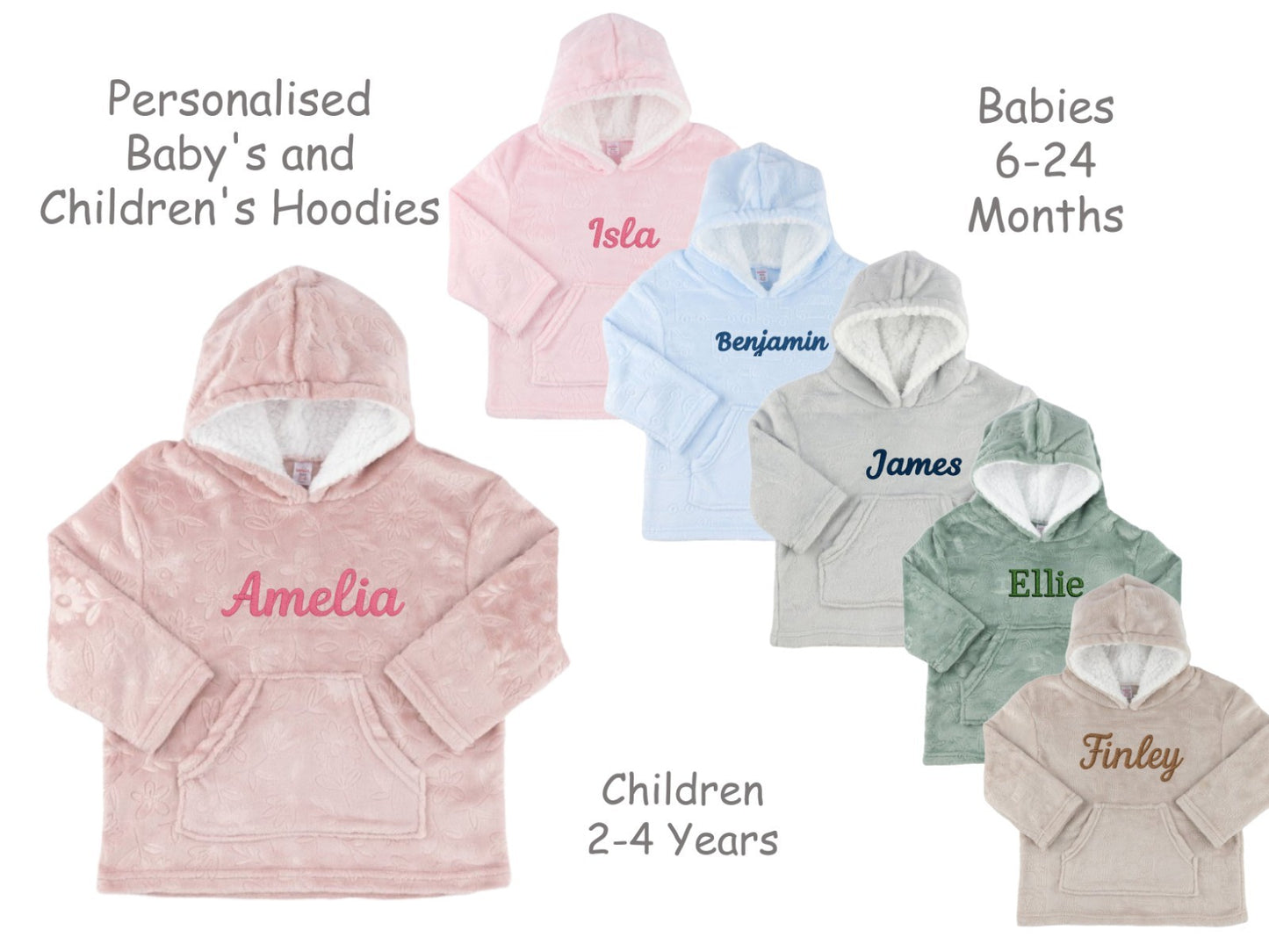Personalised Embossed Baby & Toddler Hoodies – 6 Colours and Patterns 6mth-4yrs