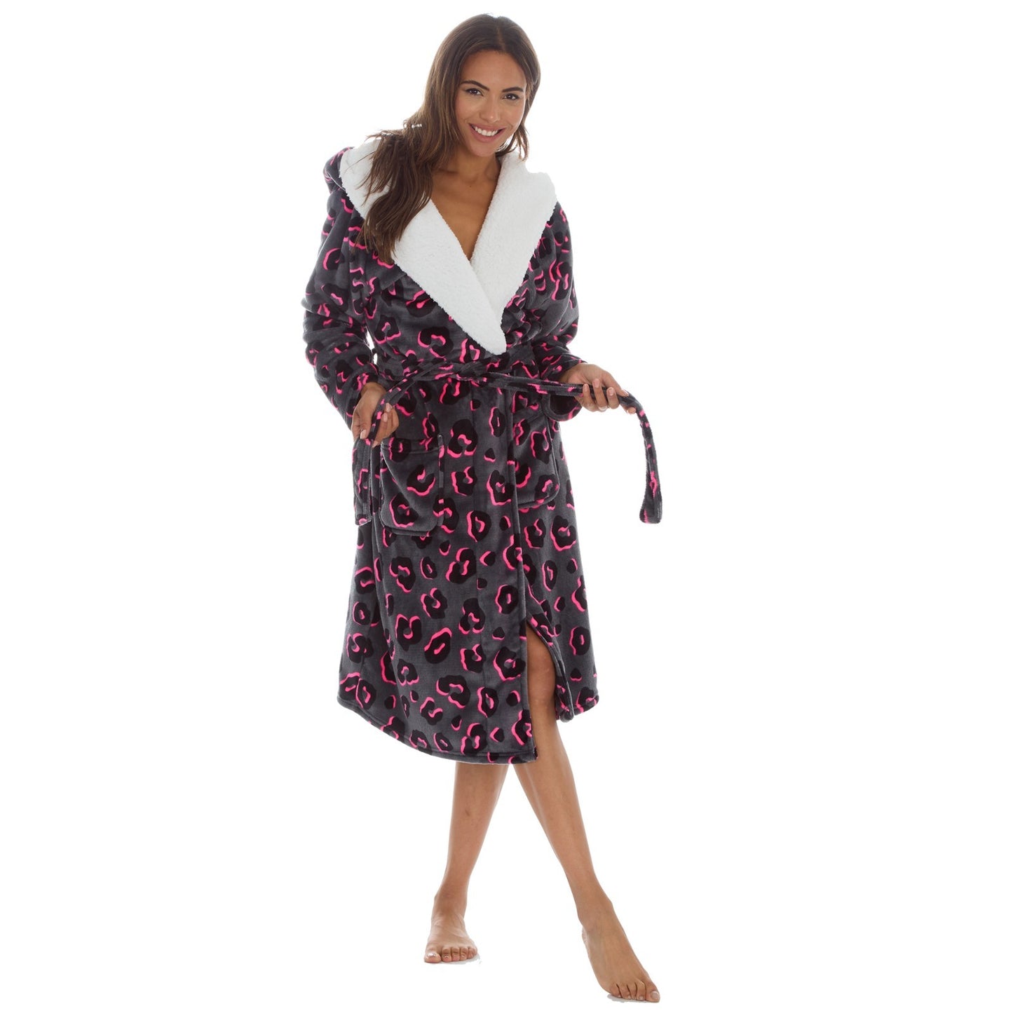Ladies Fleece Animal Print Dressing Gown Black Pink Tie Belt Robe Winter Gift