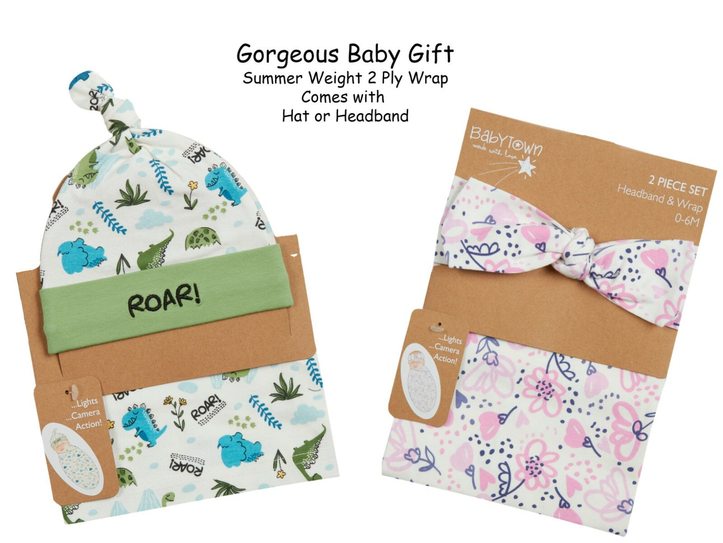 Babies Swaddle Blanket With Hat Or Hairband Two Piece Sets 0-6 Months