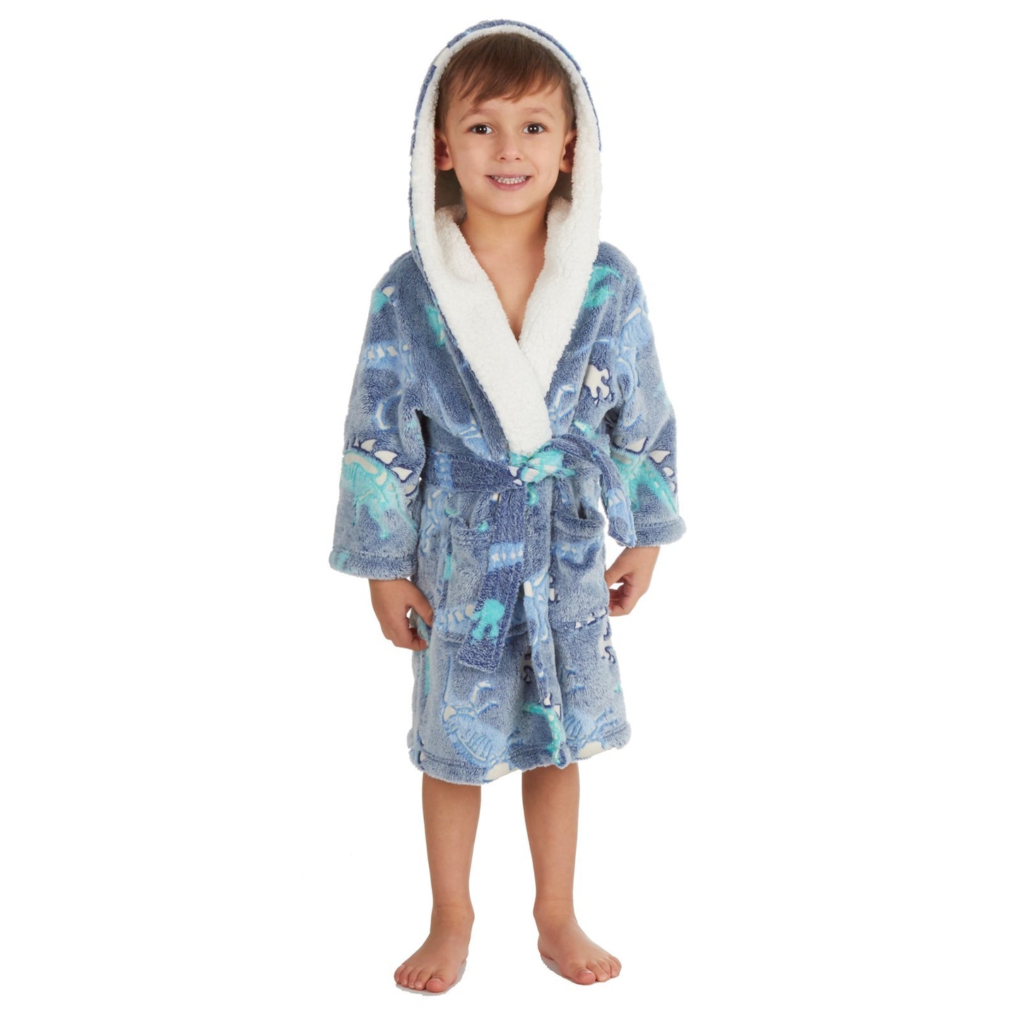 Kids Dinosaur Bathrobe | Hooded Glow in the Dark Fleece Dressing Gown Ages 2–6