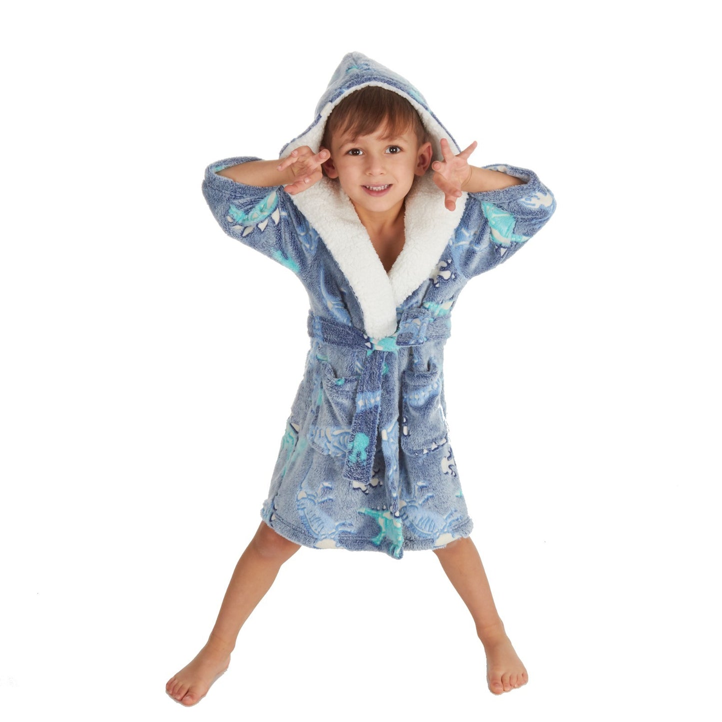 Kids Dinosaur Bathrobe | Hooded Glow in the Dark Fleece Dressing Gown Ages 2–6