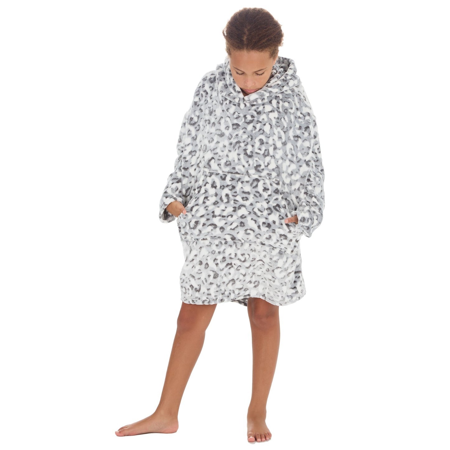 Girls Grey Leopard Oversized Hoodie – Ages 8–13, Personalised Option