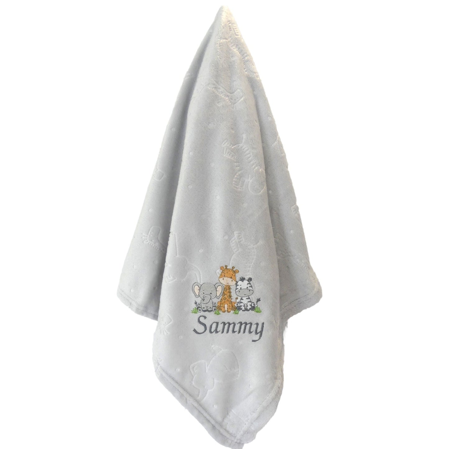 Baby Blanket with Embroidered Safari Motif 90cm x 75cm Personalised with Baby