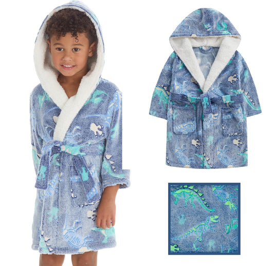 Kids Dinosaur Bathrobe | Hooded Glow in the Dark Fleece Dressing Gown Ages 2–6