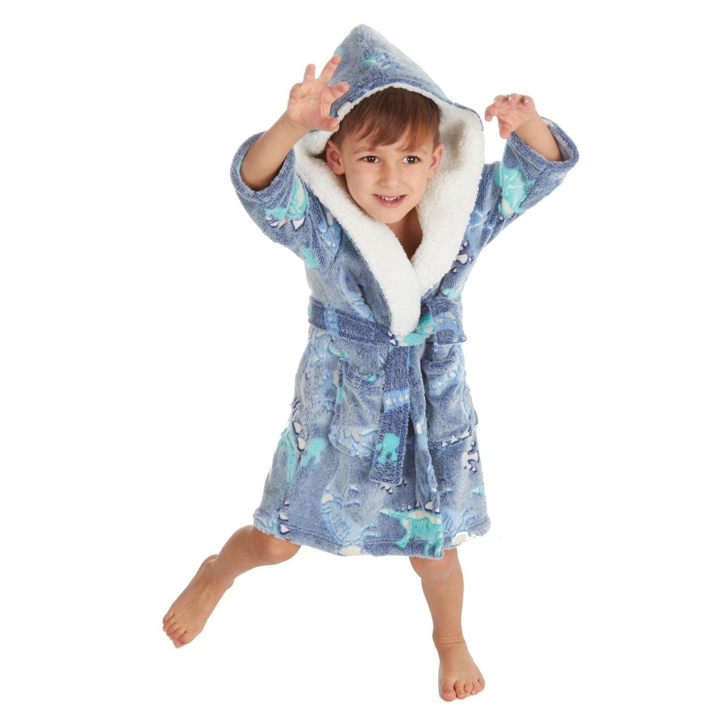 Kids Dinosaur Bathrobe | Hooded Glow in the Dark Fleece Dressing Gown Ages 2–6