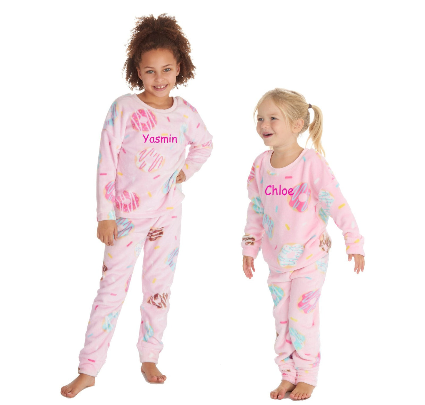 Girls Personalised with Embroidery Do Nut Fleecy Pyjamas  Lounge Set 2-13 Years
