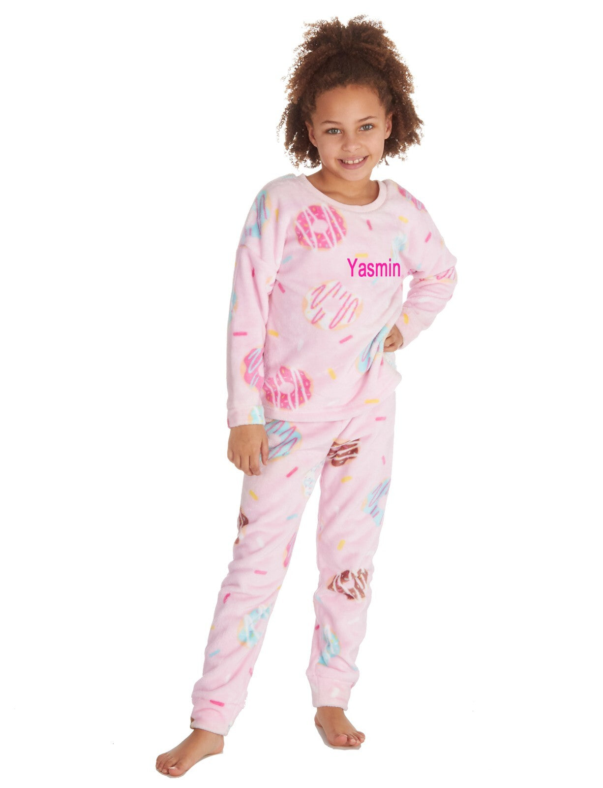 Girls Personalised with Embroidery Do Nut Fleecy Pyjamas  Lounge Set 2-13 Years