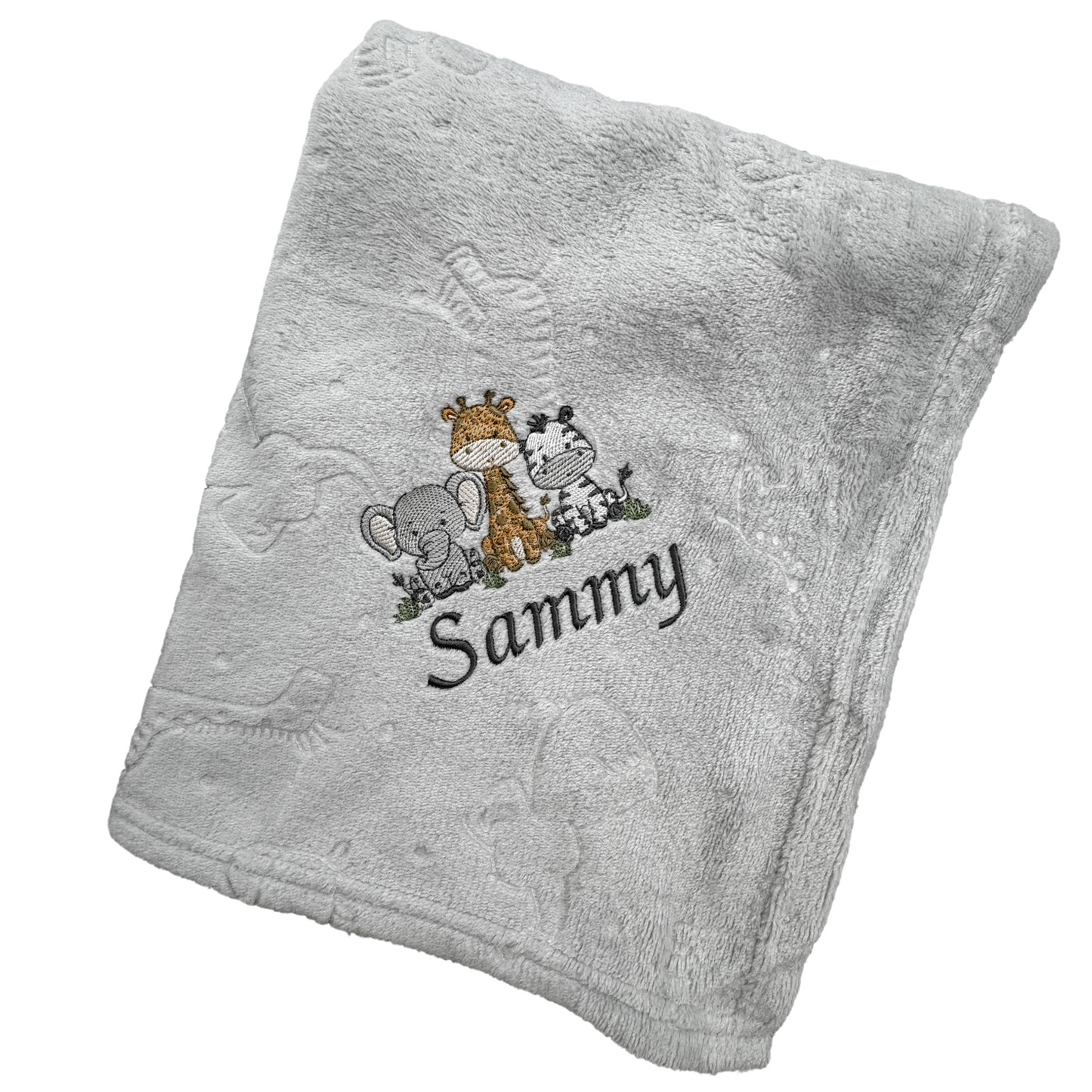 Baby Blanket with Embroidered Safari Motif 90cm x 75cm Personalised with Baby