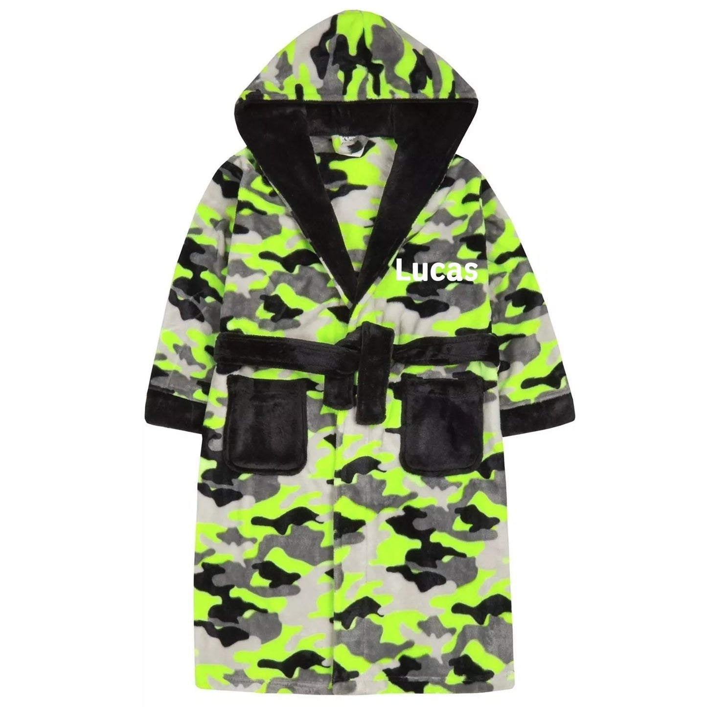 Boys  Personalised Dressing Gown with Hood Plush Fleece Neon Camouflage 7-13