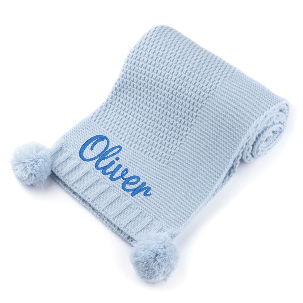 Personalised Baby Wrap with Pom Pom – Embroidered Name – Super Soft Gift