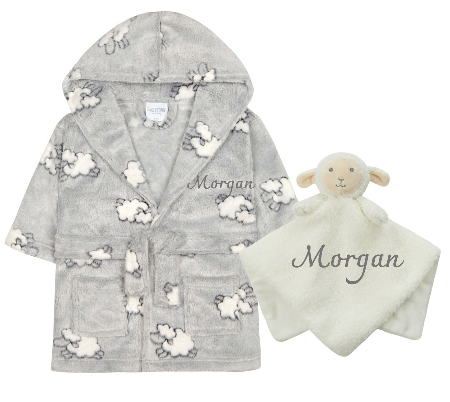 Baby Dressing Gown Lamb Print and Matching Lamb Comforter 0-6  and 6-12 months