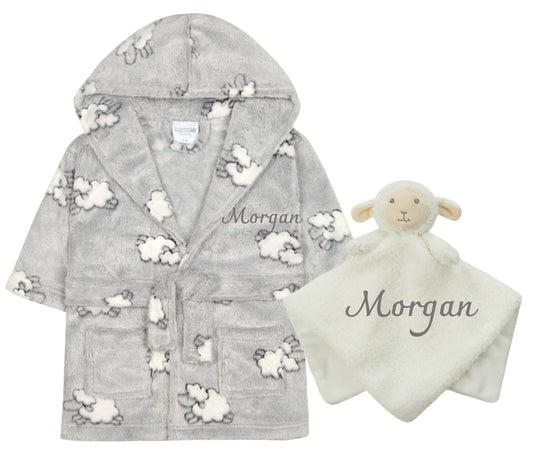 Baby Dressing Gown Lamb Print and Matching Lamb Comforter 0-6  and 6-12 months