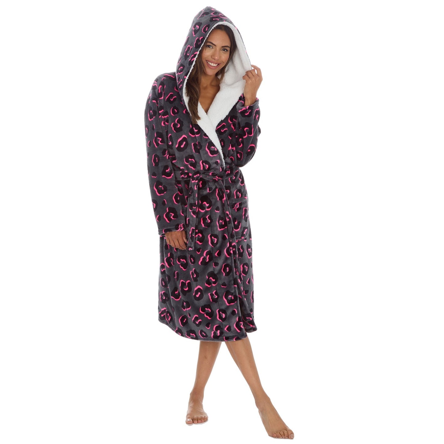 Ladies Fleece Animal Print Dressing Gown Black Pink Tie Belt Robe Winter Gift