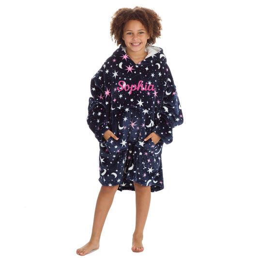 Personalised Girls Oversized Hoodie – Star & Moon Cosy Loungewear 9-13 Years