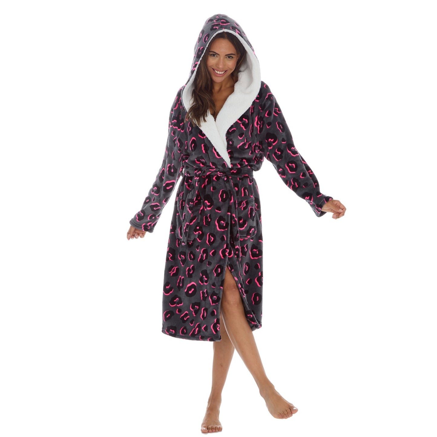 Ladies Fleece Animal Print Dressing Gown Black Pink Tie Belt Robe Winter Gift