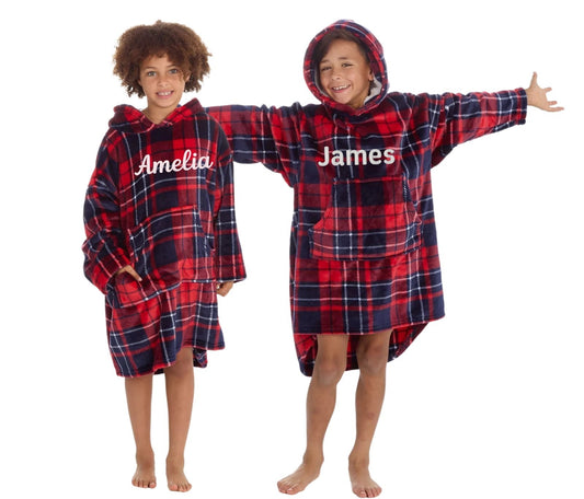 Personalised Kids Oversized Hoodie – Festive Tartan Loungewear 7-13 Years