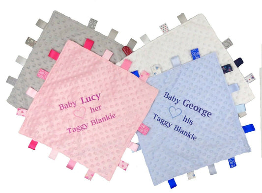 PERSONALISED with EMBROIDERY Baby Taggy Blanket Comforter Silky Soft Perfect Baby Gift 4 Colours