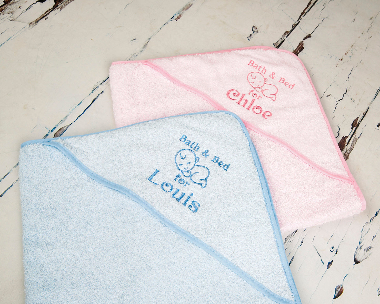 Baby Hooded Bath Towel with Cute 'Sleeping Baby'  PERSONALISED with Embroidery