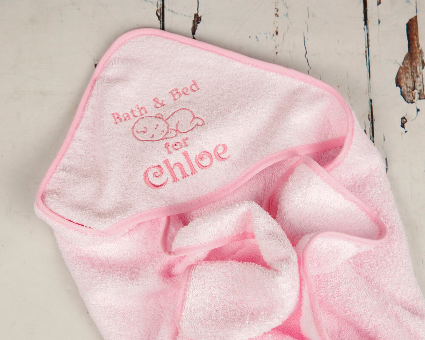 Baby Hooded Bath Towel with Cute 'Sleeping Baby'  PERSONALISED with Embroidery