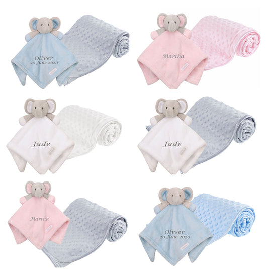 PERSONALISED with EMBROIDERY Elephant Comforter with Blanket Set Beautiful Keepsake Gift for Baby