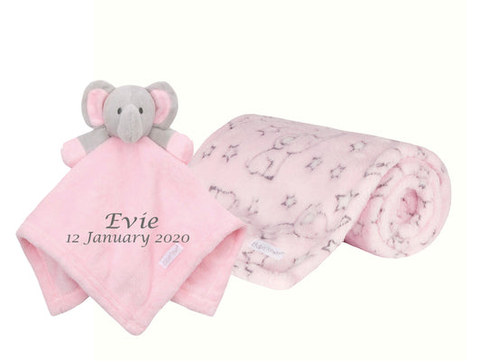 Personalised Elephant Comforter with Matching Fleece Blanket: Customized Baby Shower Keepsake Gift